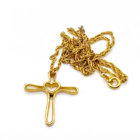 Vintage Open Heart Cross Pendant Necklace, Gold Tone with Sleek Design on Chain - Picture 2 of 5